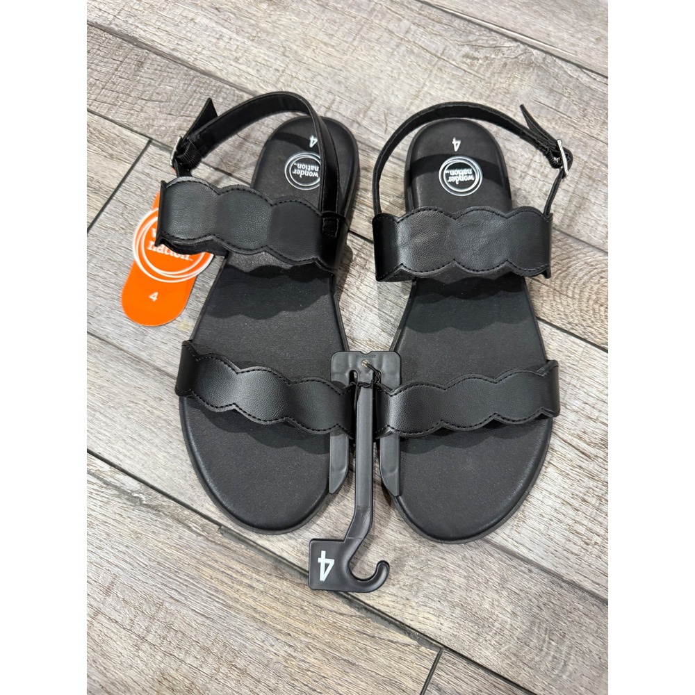 Wonder Nation Girls Black Scalloped Double Strap Sandals Size 4 New
